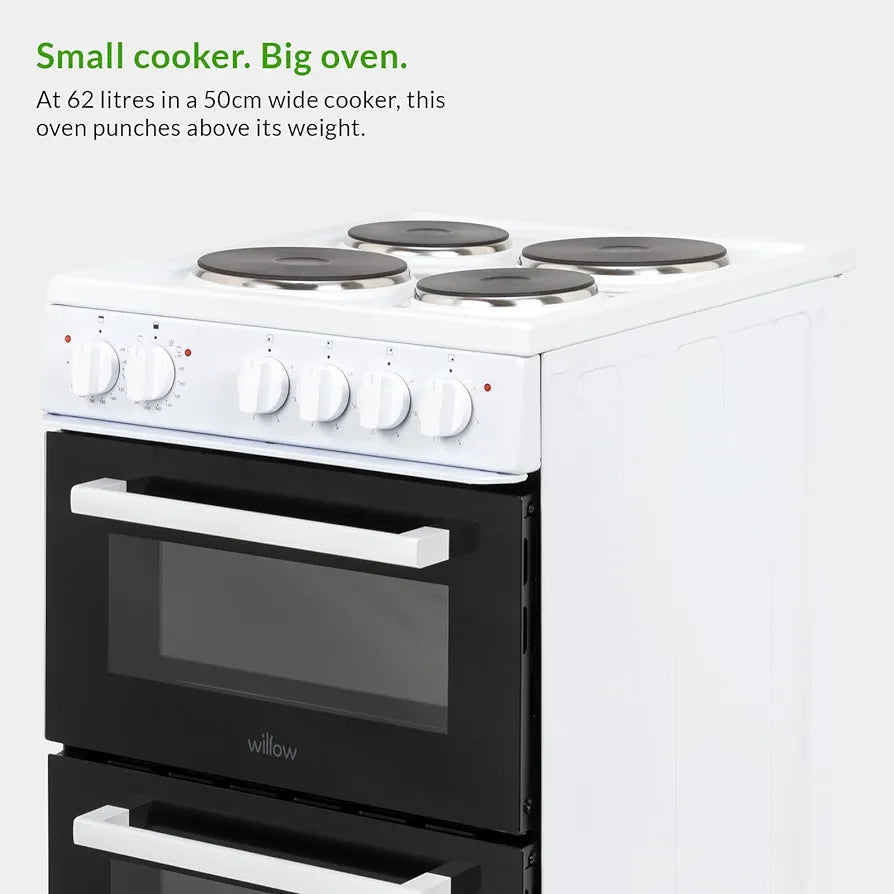 Willow WE50TSW 62L Freestanding Electric Cooker, 50cm Wide Twin Cavity Cooker with Solid 4 Plate Hob, 31L Capacity Grill Cavity, 2 Year Warranty - White